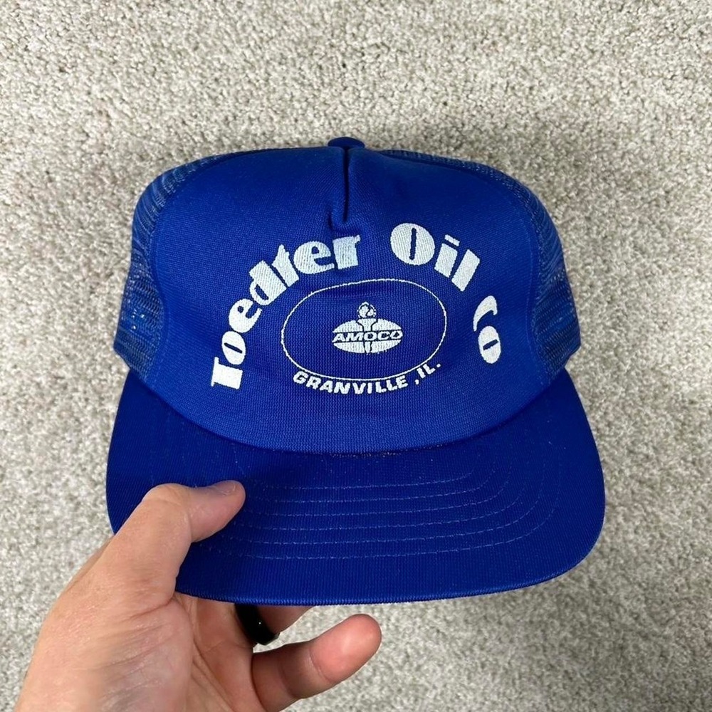 Vintage 80s AMOCO oil blue foam mesh trucker SnapBack hat cap OSFA